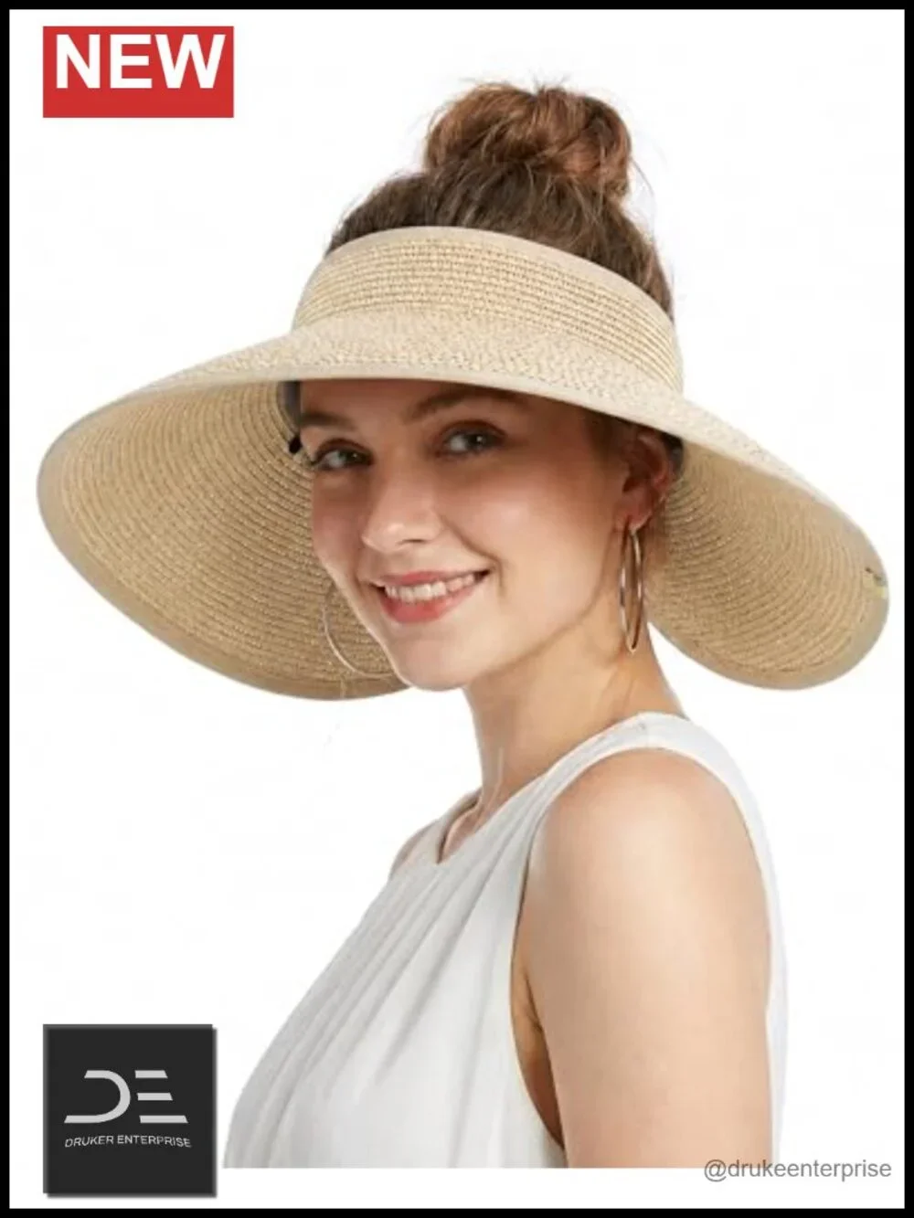 UPF50 Sun Hat Wide Brim Straw Visor Ponytail-Friendly Packable Beach Hat